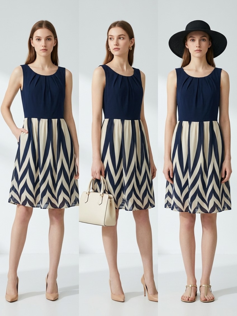 Roz & Ali Black and Cream Chevron Fit-and-Flare Dress
